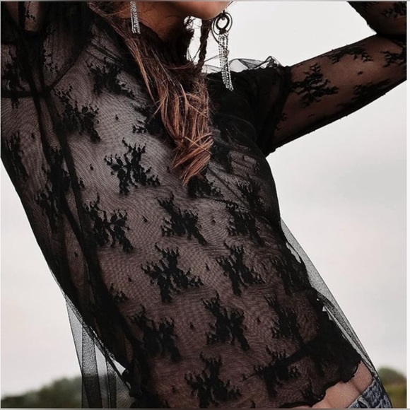 Black Lace Sheer Mesh Top various sizes - Picture 3 of 8
